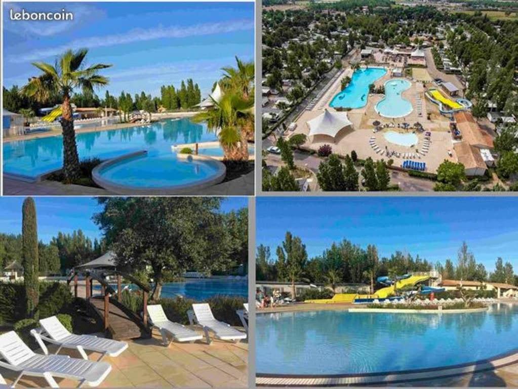 a collage of four pictures of a resort pool at camping la carabasse in Vias
