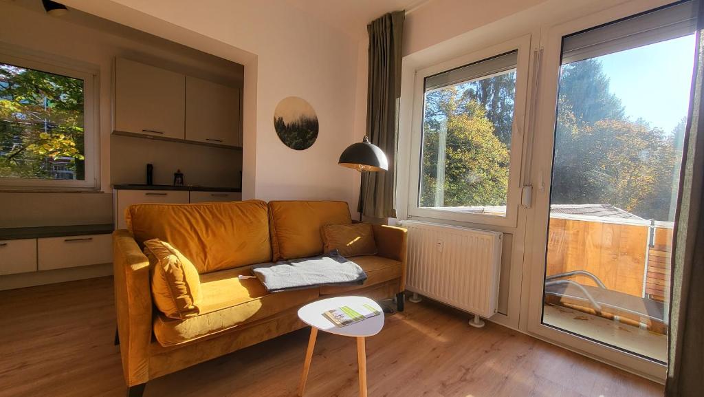 een woonkamer met een bank en een groot raam bij Ferienwohnung Berglodge 11 Hahnenklee Bockswiese in Goslar