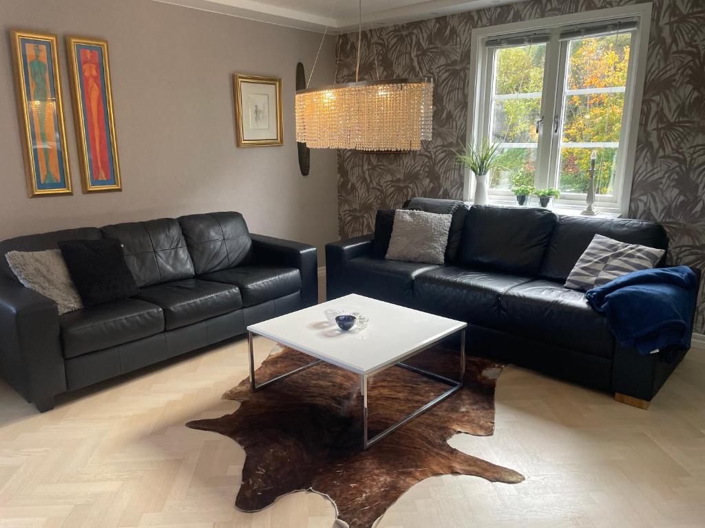 a living room with a couch and a coffee table at Apartment Uddevalla Bohuslän Bubbelbad in Uddevalla