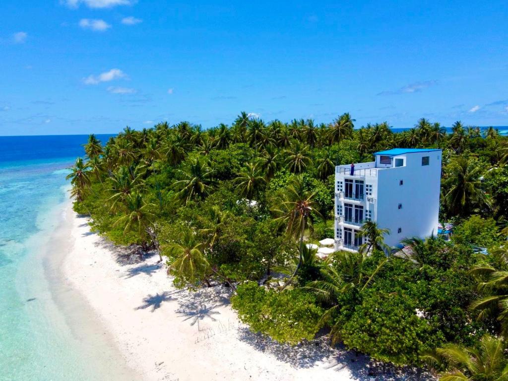 een gebouw op een strand met palmbomen en de oceaan bij VIVA Beach Maldives in Hangnaameedhoo
