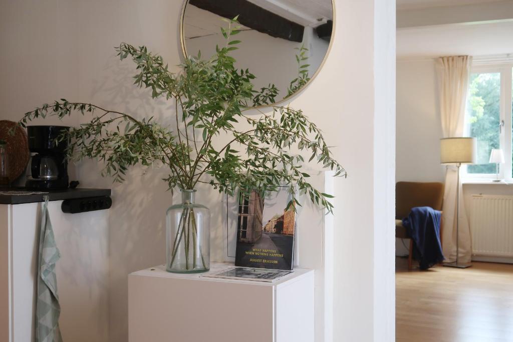 a vase with a plant on a table in a room at Cosy guesthouse in the countryside, with breakfast in Malmö