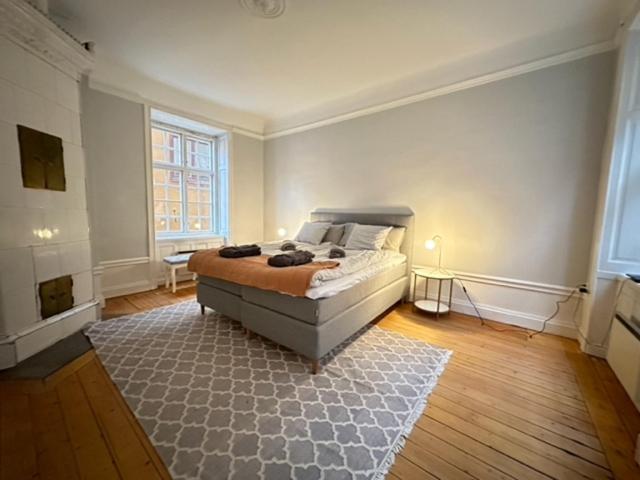 a large bedroom with a bed and a rug at Gamla Stan in Stockholm