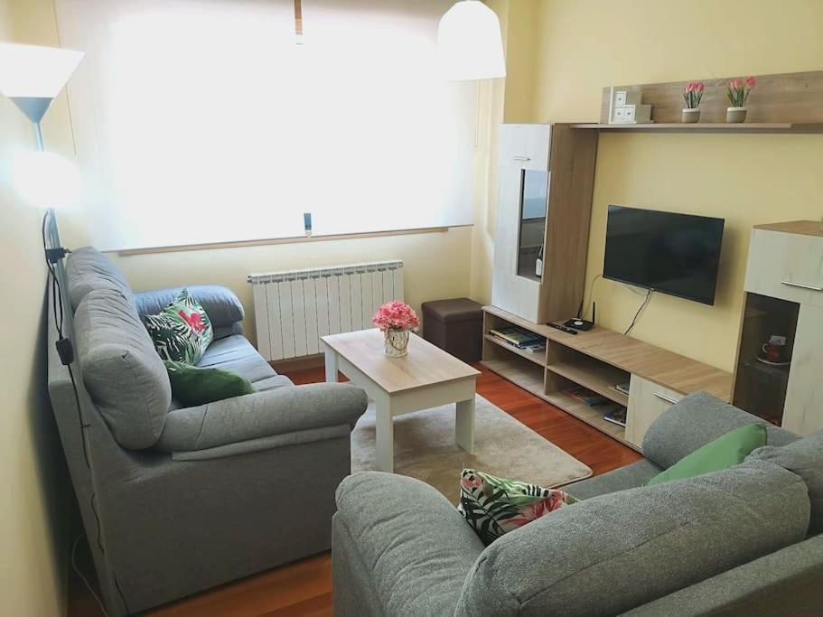 un soggiorno con 2 divani e una TV di APARTAMENTO NUEVO ACOGEDOR a Mondariz-Balneario