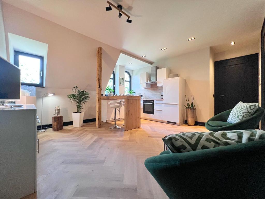 sala de estar con sofá y cocina en außergewöhnliche Ferienwohnung Stadtvilla Plauen en Plauen