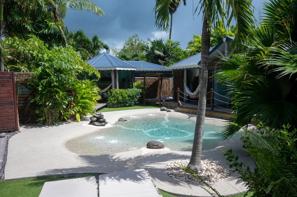 a small pool with a palm tree in a yard at TIKI PARADISE LODGE FWI in Sainte-Anne