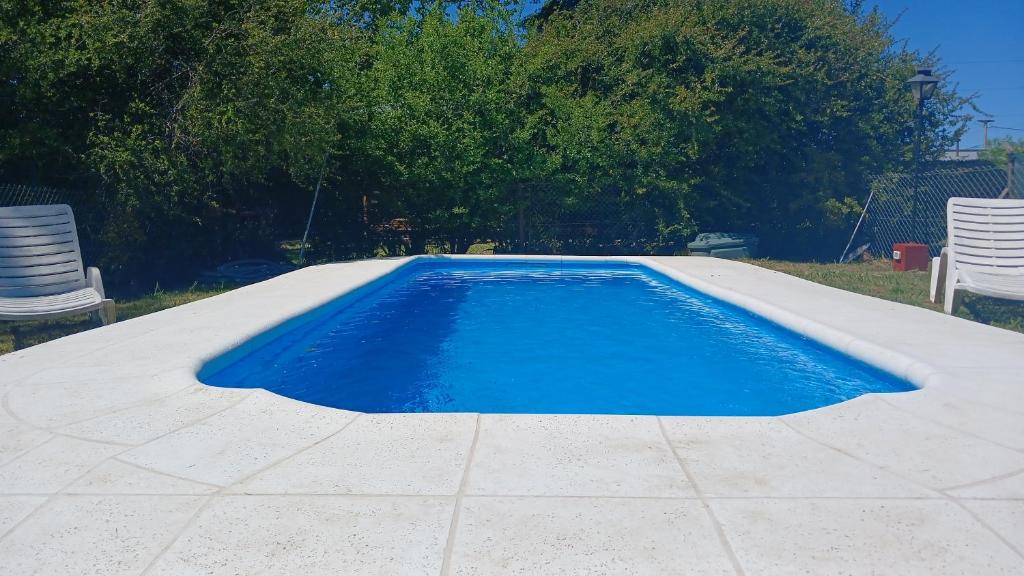 une piscine bleue avec 2 chaises et des arbres dans l'établissement La Obra, à Tandil