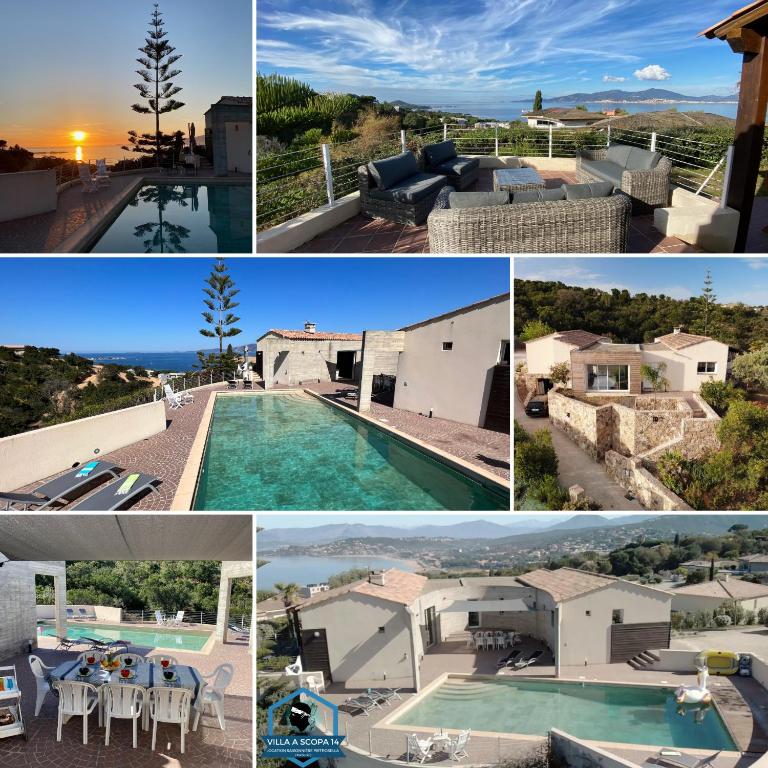 un collage de photos de maisons et une piscine dans l'établissement VILLA A SCOPA 14 VUE PANORAMIQUE MER *, à Pietrosella