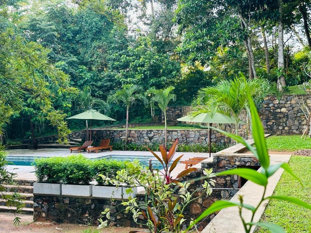 a pool with two umbrellas and chairs and trees at Tropical trails -Unawatuna in Unawatuna