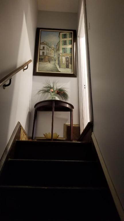 eine Treppe mit Bild und einer Pflanze an der Wand in der Unterkunft Tina's place in Ottawa