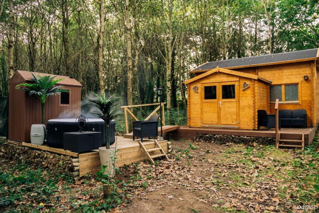 a cabin in the woods with trees in the background at Cabane insolite avec escape game in Saint-Évarzec