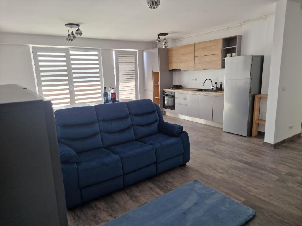 a living room with a blue couch and a kitchen at Raluca cozy apartment's in Ploieşti