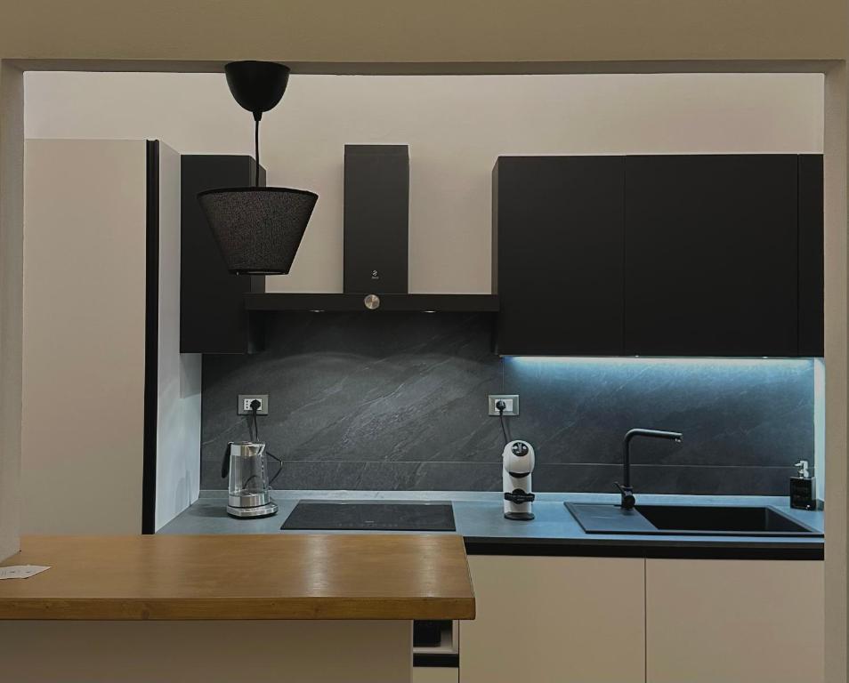 een keuken met zwarte kasten en een wastafel bij Appartamento Vecchia Farmacia 111 in Scarperia