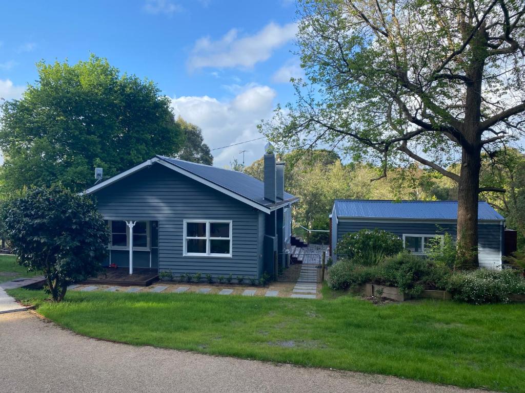 a blue tiny house in a yard at The Caretakers Cottage in Main Ridge