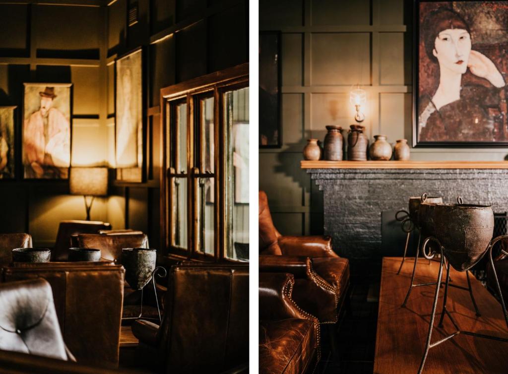 - deux photos d'un salon avec une cheminée dans l'établissement The Amalfi Minimalist Room 606, à Hepburn Springs