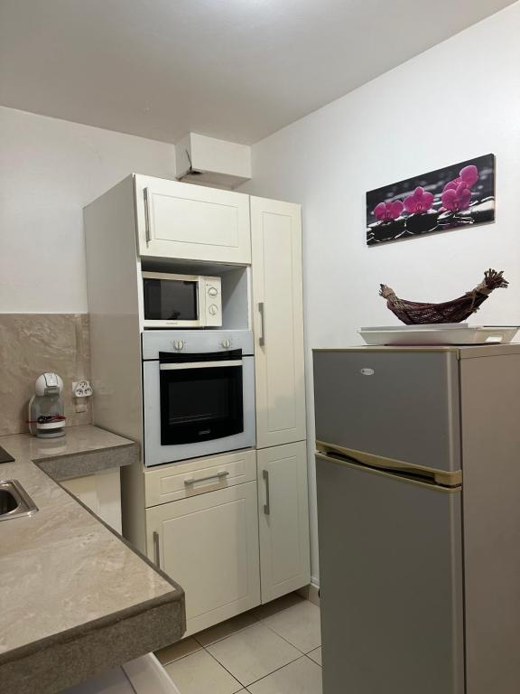 a kitchen with a microwave oven and a refrigerator at Appartement Coeur de Papillon in Baie-Mahault