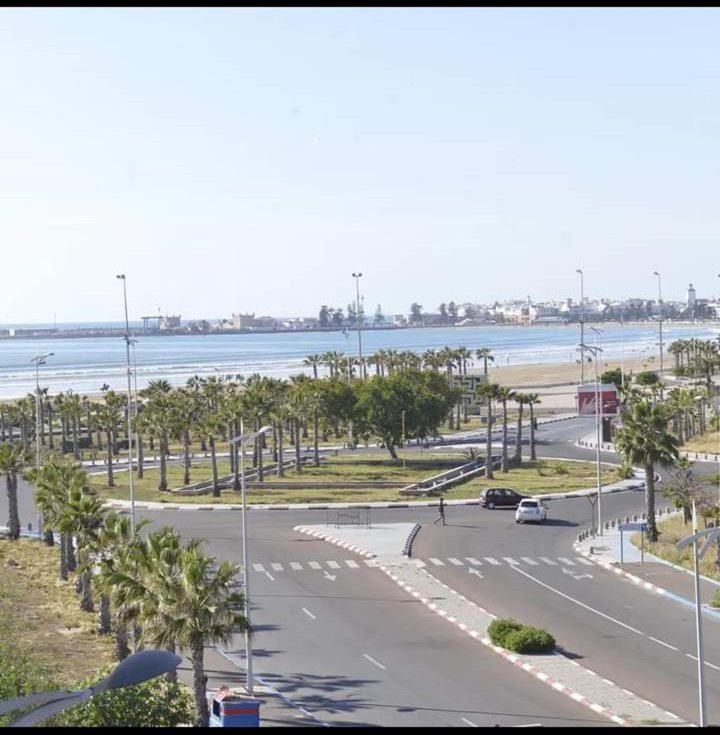 Blick auf eine Straße mit Palmen und das Meer in der Unterkunft الصويرة in Essaouira