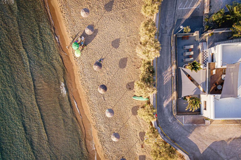 eine Aussicht über einen Strand mit Gebäuden und Bäumen in der Unterkunft Aniv Villa by the Sea in Kini