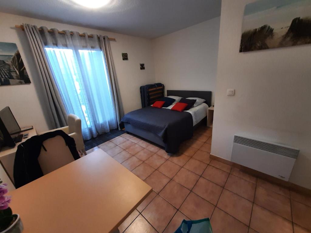 ein Wohnzimmer mit einem Sofa, einem Bett und einem Tisch in der Unterkunft Studio in Mouans-Sartoux