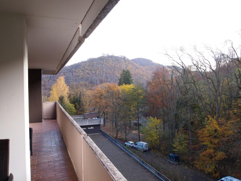 uma varanda de uma casa com vista para uma montanha em Ferienwohnung Fynns PeerLe em Bad Harzburg