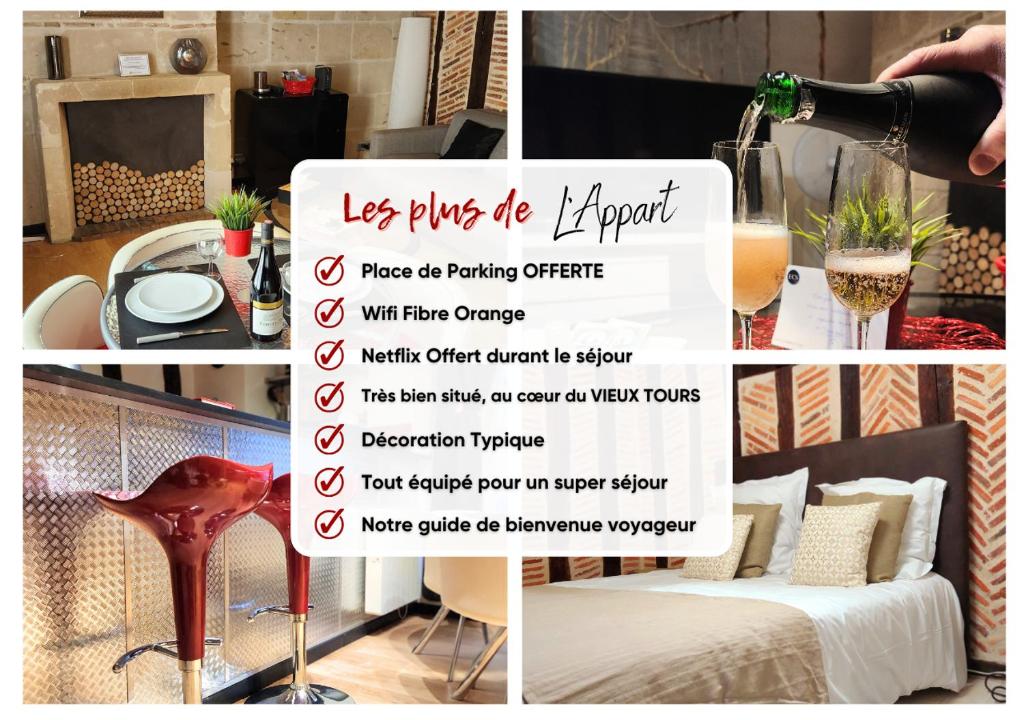 a collage of photos with a menu and a table at "L'Appart" Vieux Tours - Charme - Place Plumereau - Arrivée Autonome in Tours