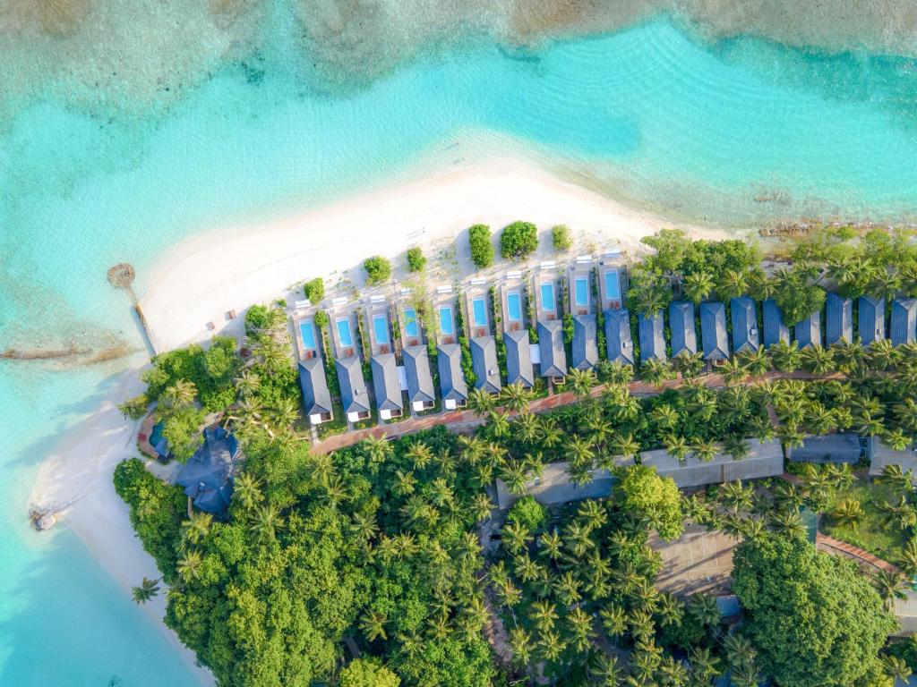 an aerial view of a resort on a beach at Royal Island Resort at Baa Atoll Biosphere Reserve in Baa Atoll