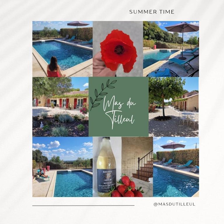 a collage of photos with a bottle of wine and a pool at Mas du Tilleul in Beaumes-de-Venise