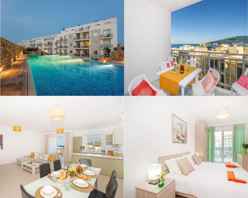 un collage de tres fotos de un apartamento en Sea View Suite!, en Marsalforn