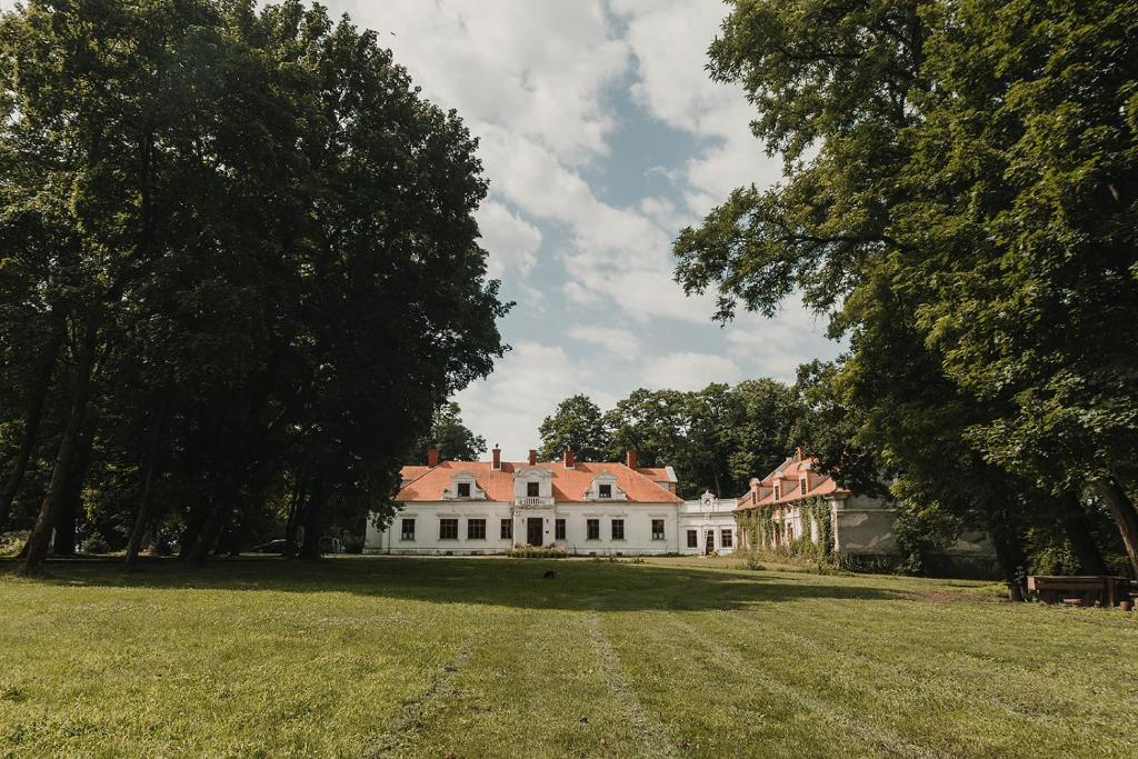 duży biały dom z drzewami i trawnikiem w obiekcie Pałac w Sichowie w mieście Rytwiany