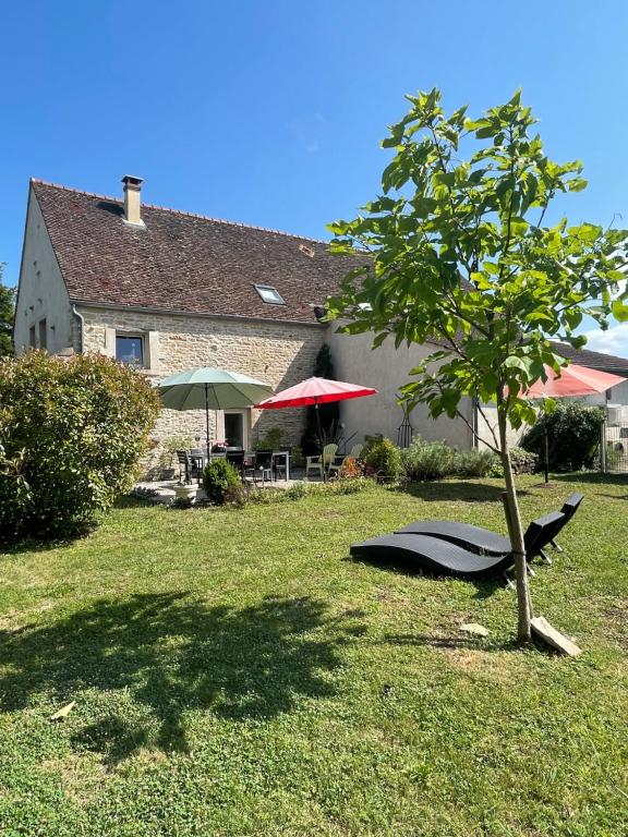 a tree sitting in the grass next to a house at Gite Le Meix Chapeau in Levernois