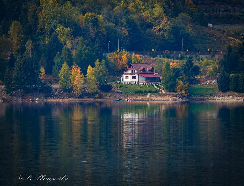 une maison sur une île au milieu d'un lac dans l'établissement Casa Iris Colibita, à Colibiţa