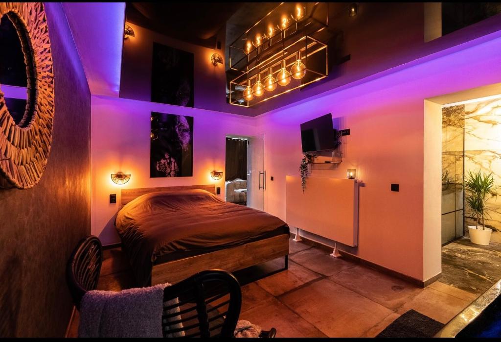 1 dormitorio con luces moradas y 1 cama en una habitación en La suite M en Verviers