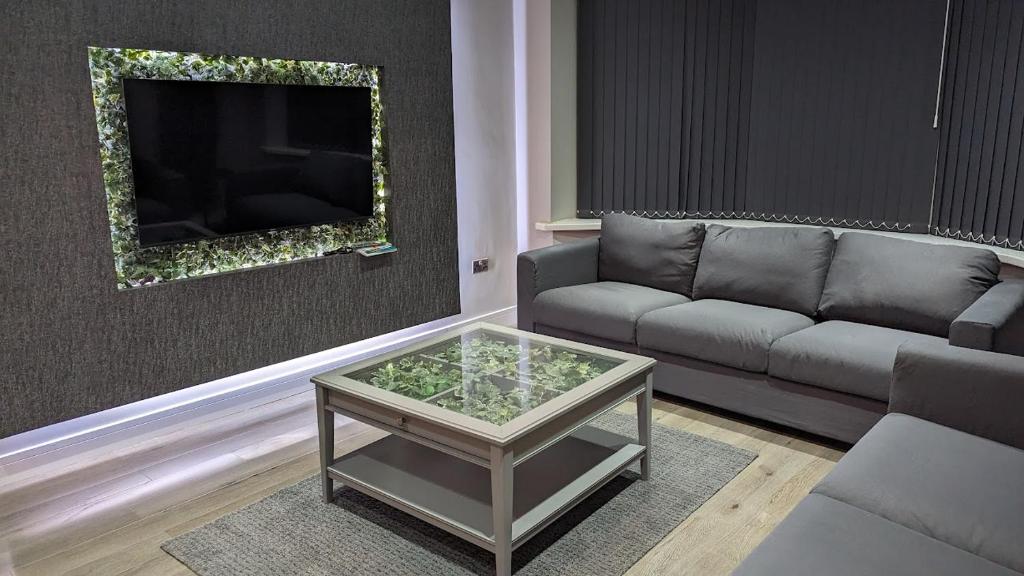 a living room with a couch and a tv at Modern 4 Bedroom House, Hollin Hill Ave in Roundhay