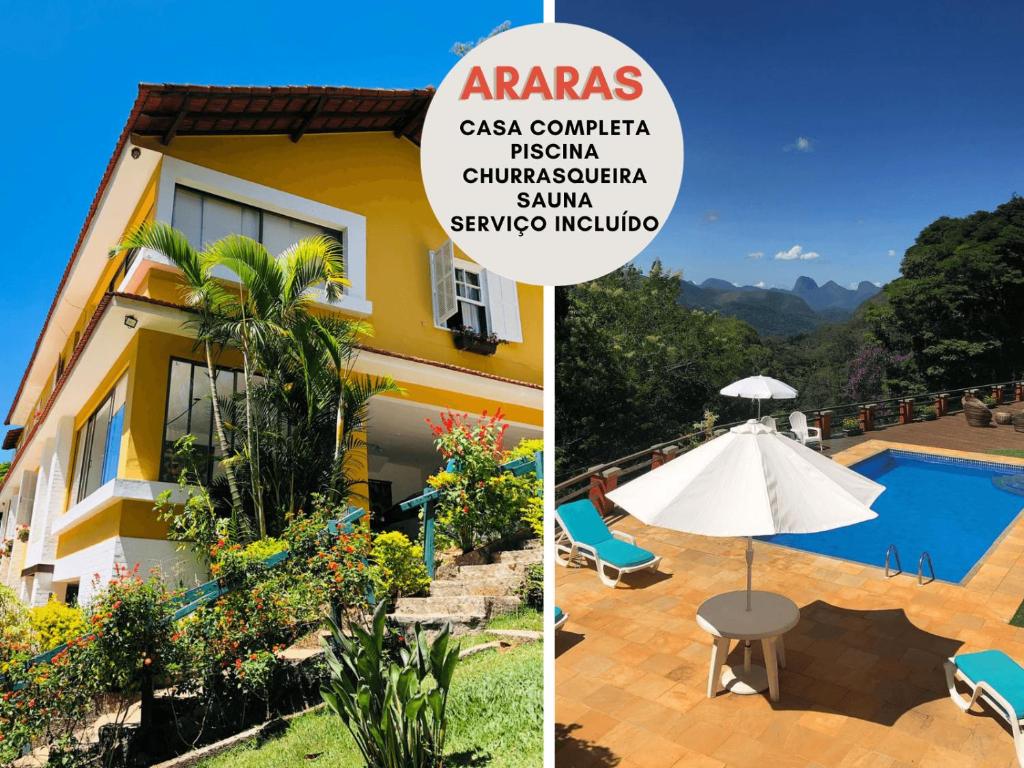 Blick auf eine Villa und einen Pool in der Unterkunft Casa em Araras: Piscina, sauna e serviço incluído! in Araras Petropolis