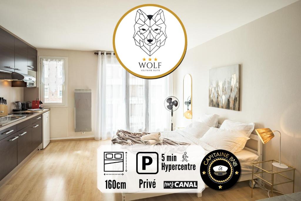 a bedroom with a bed with a wolf sign on it at Voltaire Wolf Suite - 5 min Hypercentre - Parking Privé in Troyes