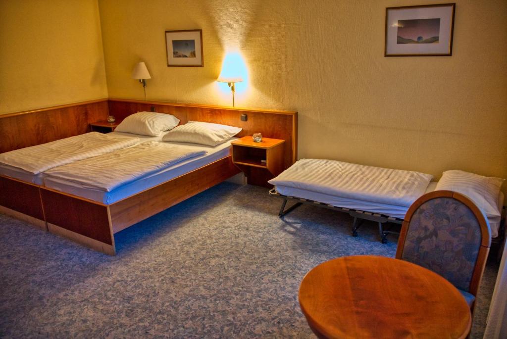 a bedroom with two beds and a table and a chair at Hotel National in Bad Düben