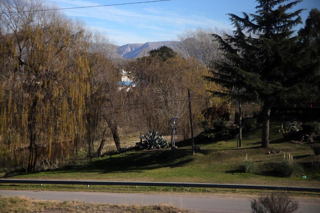 una carretera en un parque con árboles y una montaña en Complejo Vista Tres Picos en Sierra de la Ventana