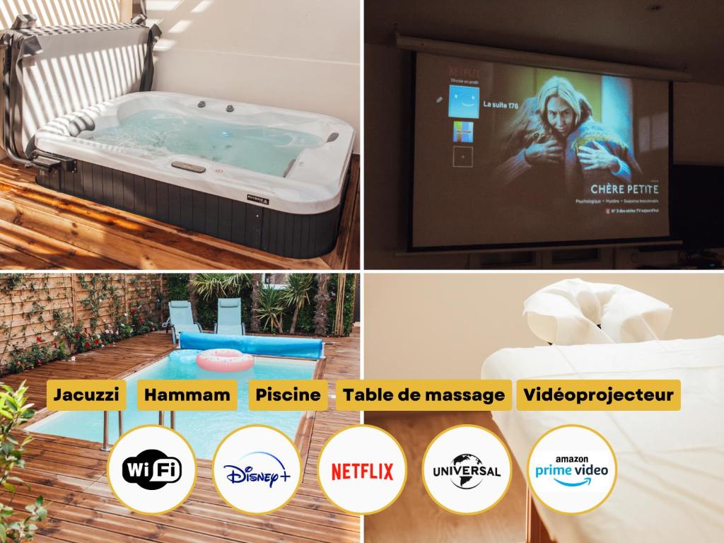 un collage de photos avec une télévision et une baignoire dans l'établissement La Suite 176 - Piscine privée, SPA, Hammam à Reims, à Reims