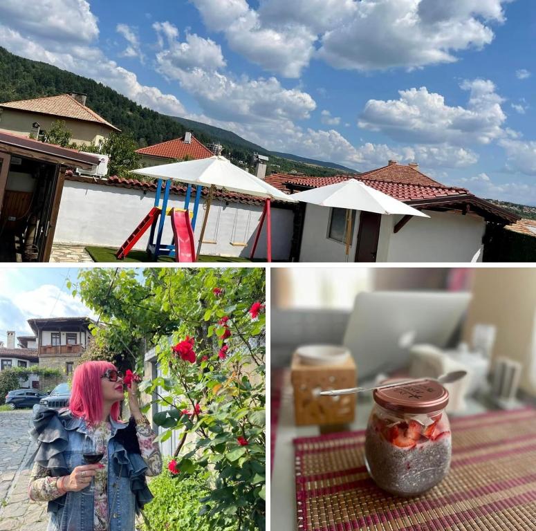 un collage de tres fotos de una mujer parada fuera de una casa en Bóris House en Ognyanovo