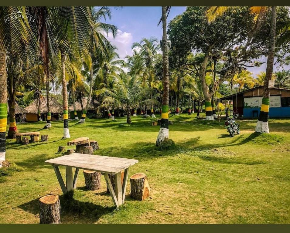 una mesa de picnic en un parque con palmeras en CABAÑAS DONDE EL PAISA, vista al mar, acceso a la playa, en Arboletes