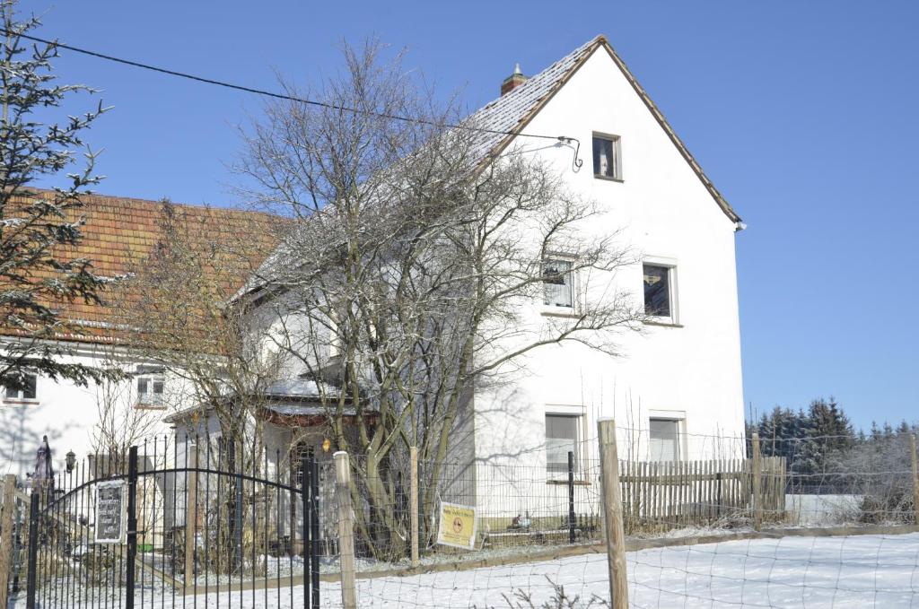 una casa blanca con una valla delante en Ferienhaus Erika, en Geringswalde