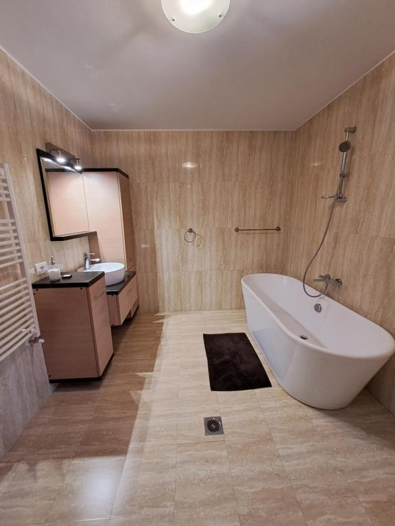 uma casa de banho com uma banheira grande e um lavatório em Casa verde 1 em Pantelimon