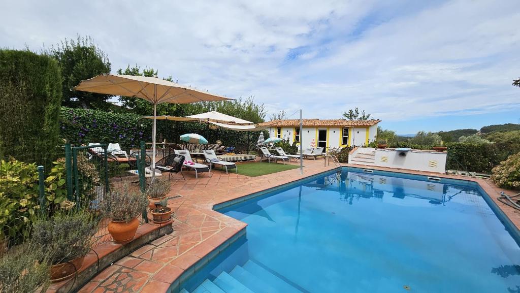 uma piscina com um guarda-sol e uma casa em Casa do Campo Dornes Três 