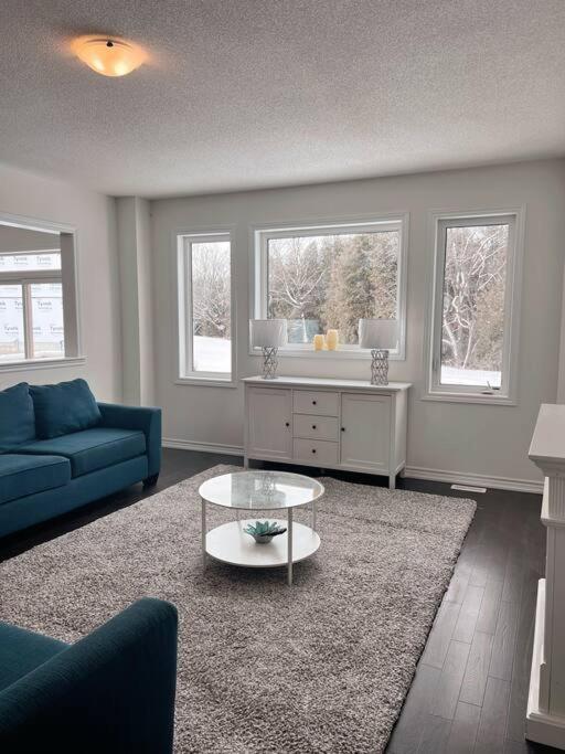 a living room with a blue couch and a coffee table at Modern & Cozy Kawartha Getaway in Kawartha Lakes