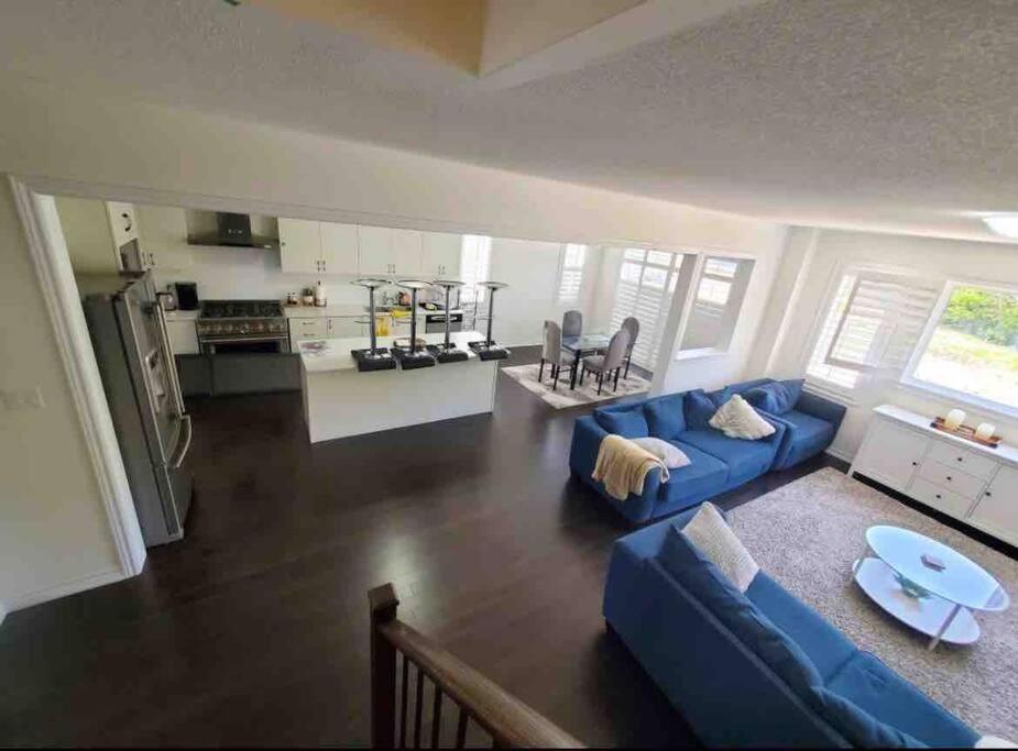 ein Wohnzimmer mit einem blauen Sofa und einer Küche in der Unterkunft Modern & Cozy Kawartha Getaway in Kawartha Lakes