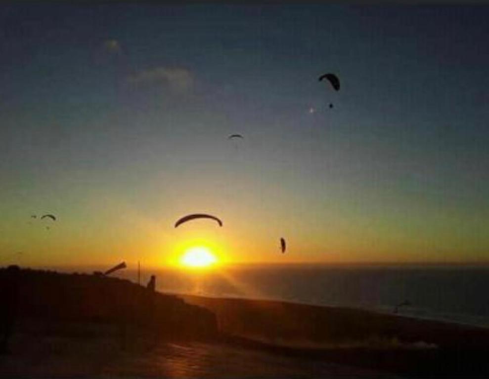 a group of kites flying over the ocean at sunset at Auberge Dar Ruby 