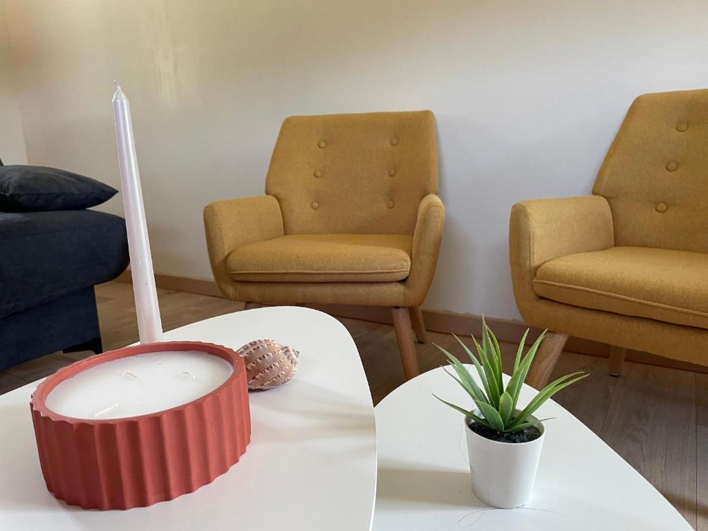 una sala de estar con 2 sillas y una mesa con una planta en Gîte Roëzé-sur-Sarthe, 3 pièces, 6 personnes - FR-1-410-392, en Roézé-sur-Sarthe