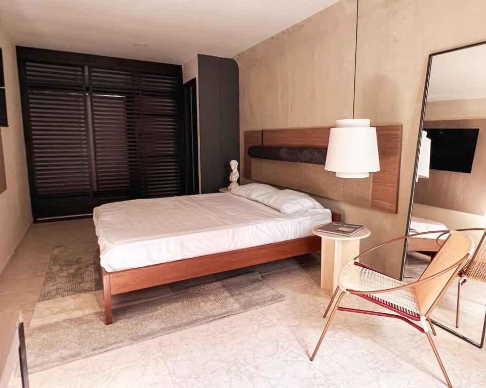 een slaapkamer met een bed, een stoel en een spiegel bij Casa Cecilia Santa Marta in Santa Marta
