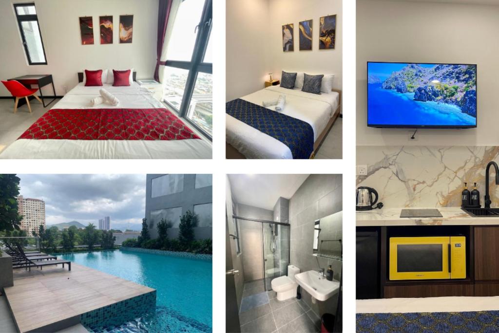 uma colagem de quatro fotografias de um quarto de hotel em 2 Bedroom Cozy Suite with Attached Bathrooms em Kuala Lumpur