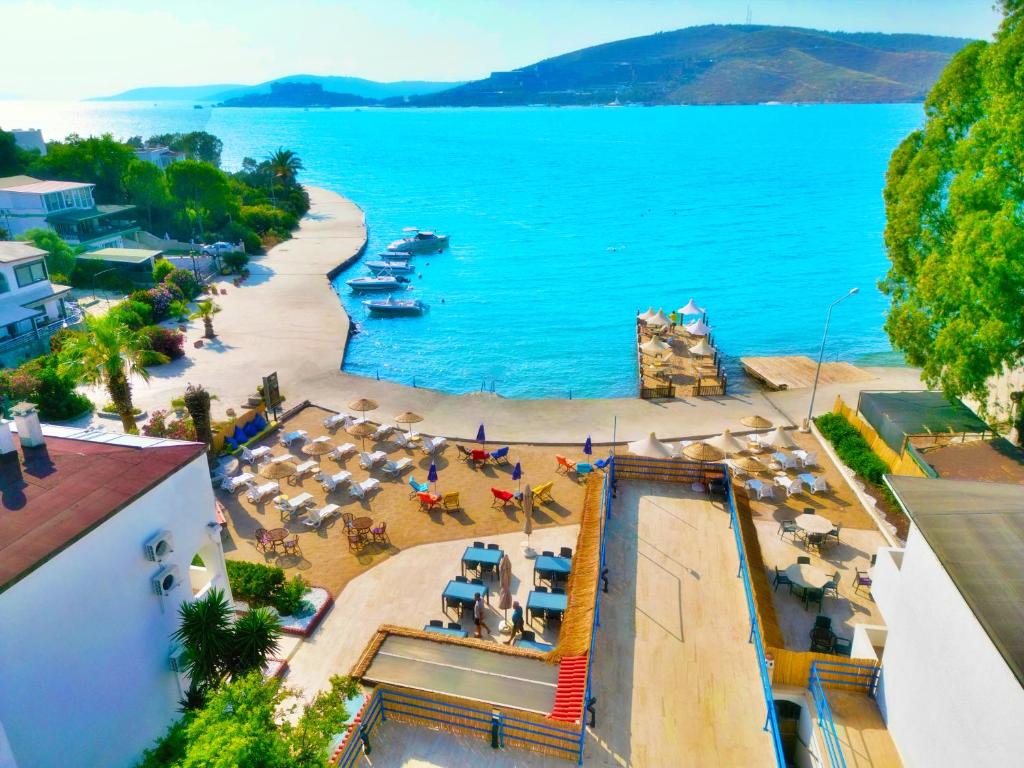 an aerial view of a beach and the ocean at Oscar Seaside Hotel & Spa in Bodrum City