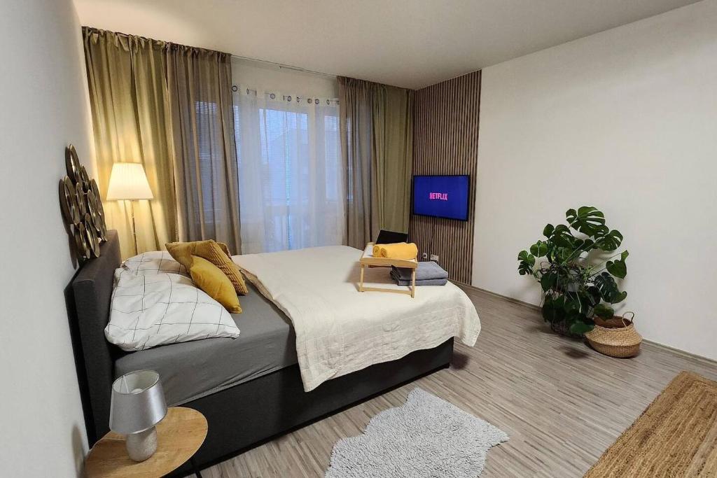 a bedroom with a bed and a tv in a room at Apartmán Sky s balkonem in Beroun